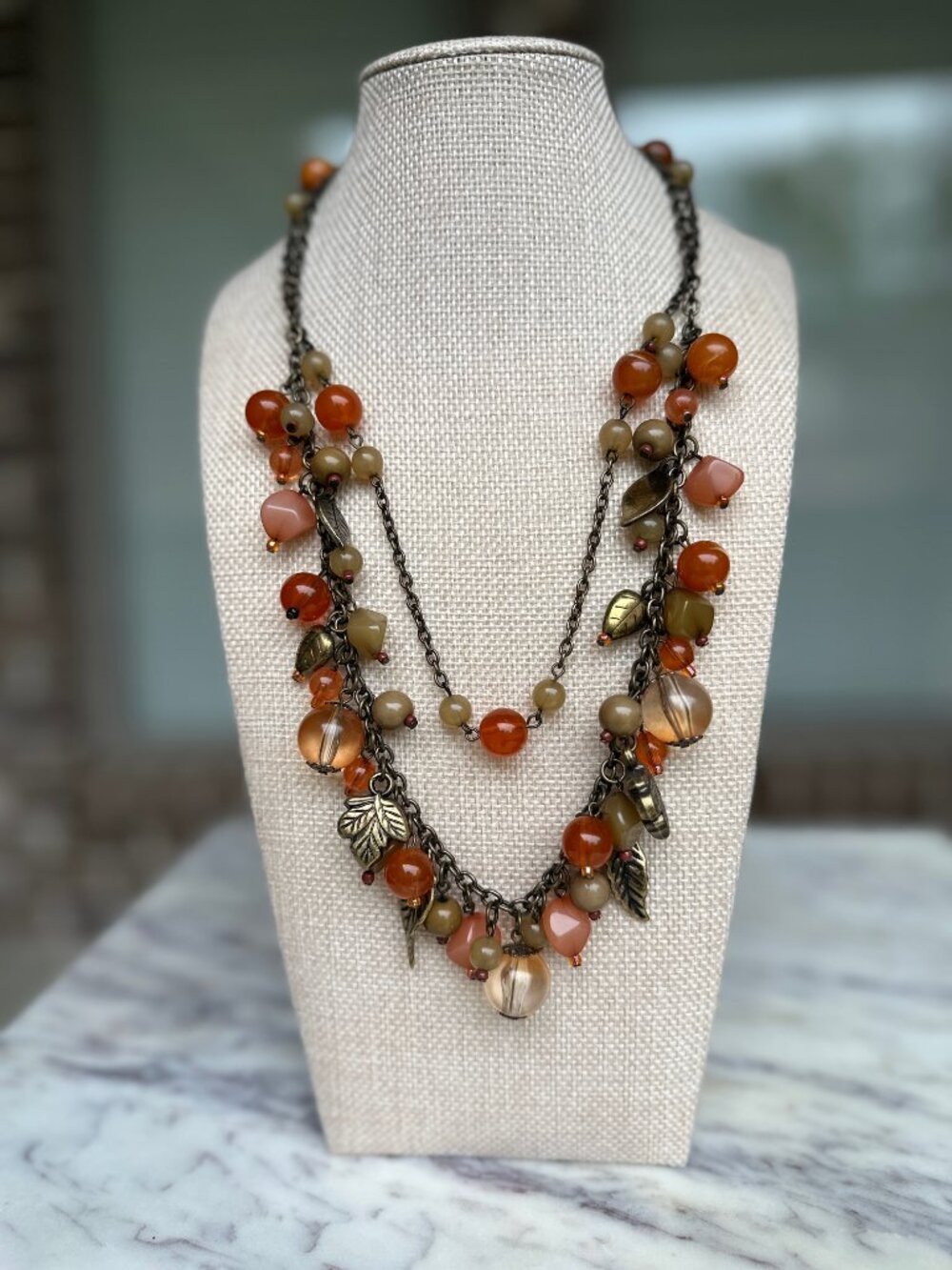 Multi Strand Leaves Beads Baubles Charm Necklace in Orange Pink Amber Adjustable